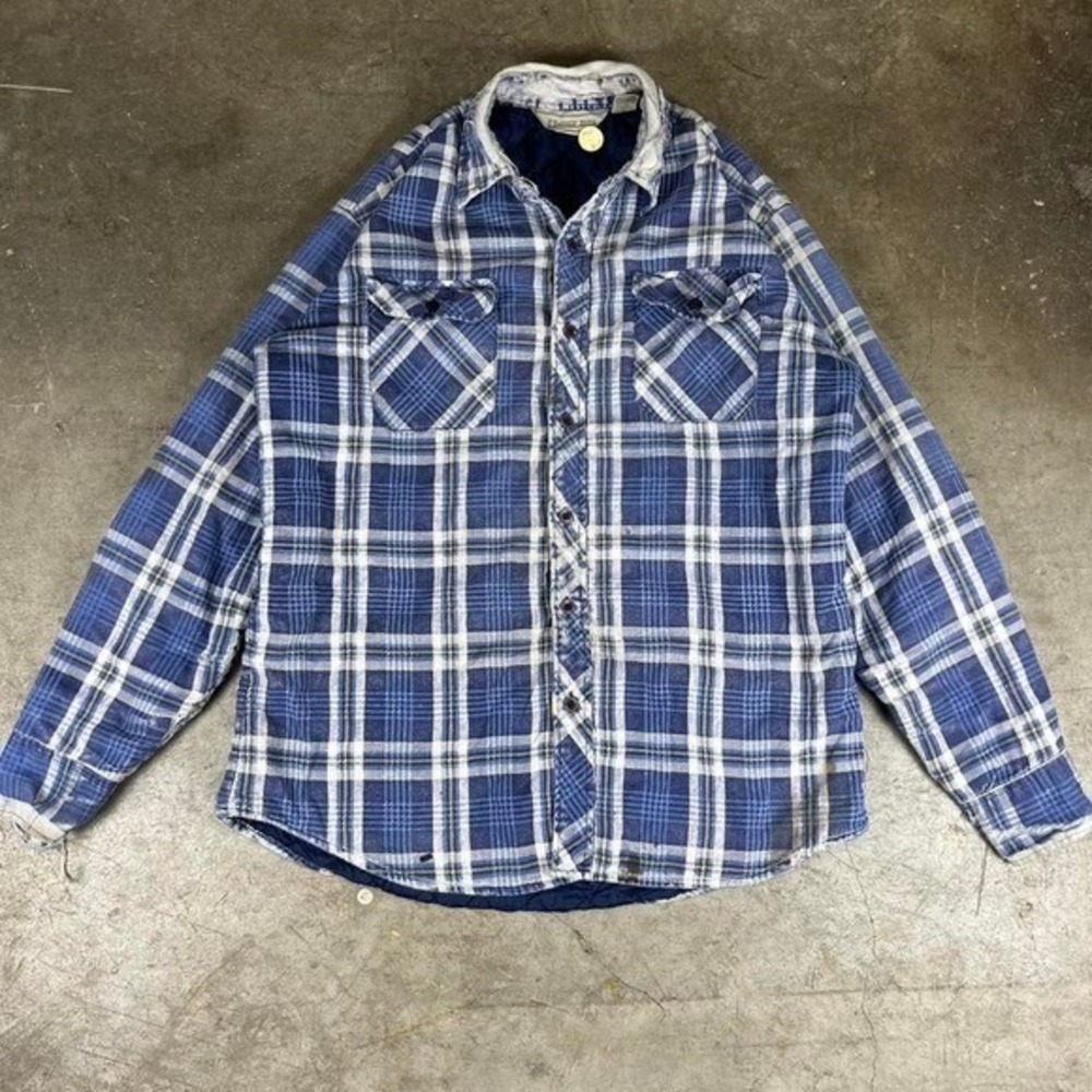 Timber Run Mens Blue Plaid Quilted Flannel Shirt Jacket Distressed Large
